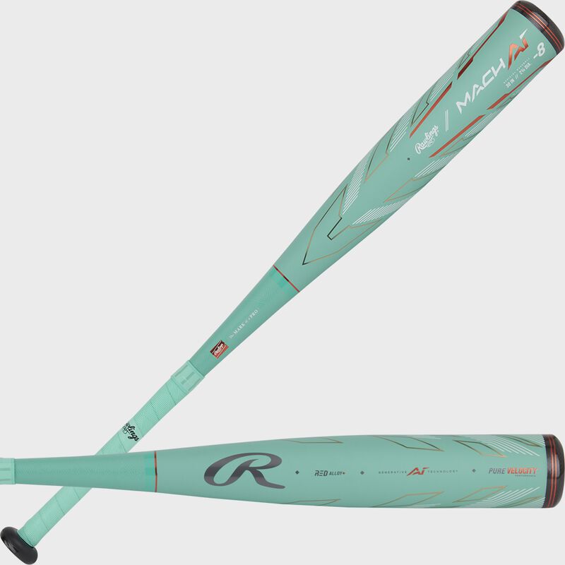 2 images of a Rawlings Mach AI USSSA -8 baseball bat to show both sides of the barrel - SKU: RUT4MC