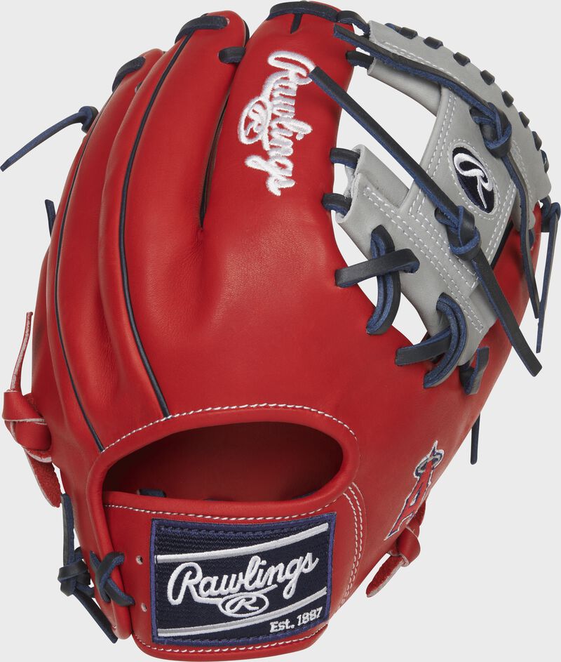 Shell back view of scarlet, gray, and navy 2021 Los Angeles Angels Heart of the Hide glove