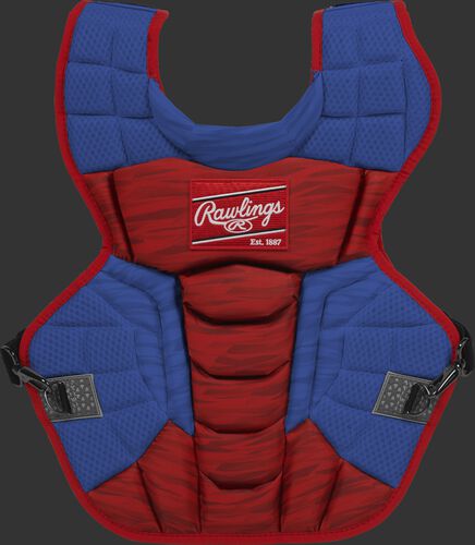 A scarlet/royal CPV2N Rawlings Velo 2.0 adult chest protector with a striped pattern