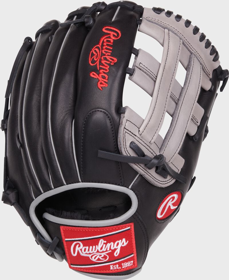 Black back of a Foundation Series Aaron Judge H-web glove with a red Rawlings patch - SKU: RSGRF3028-6B