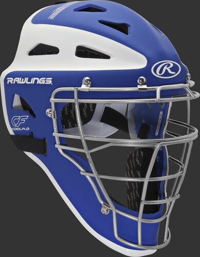 Front right of a royal/white CHVELY Rawlings Velo catcher's helmet
