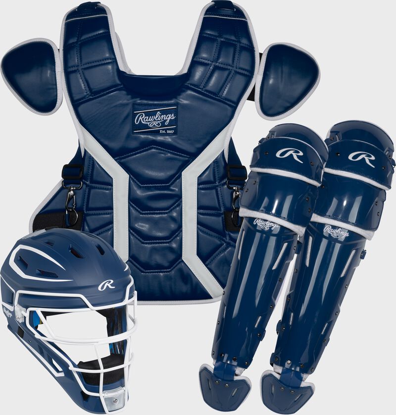 A navy Mach Pro Series Catcher's set with a helmet, chest protector, and leg guards loading=