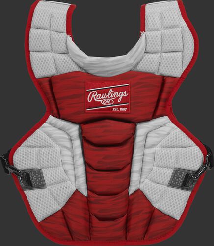 A scarlet/white CPV2N Rawlings Velo 2.0 intermediate chest protector with a striped pattern
