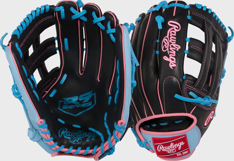 Two images showing the palm & back of a black/Columbia blue R9 Series 12.75-Inch Outfield Glove