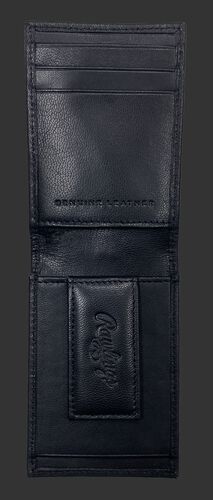 Inside of a black debossed stitch front pocket wallet with a magnetic money clip on the bottom - SKU: RPW009-001