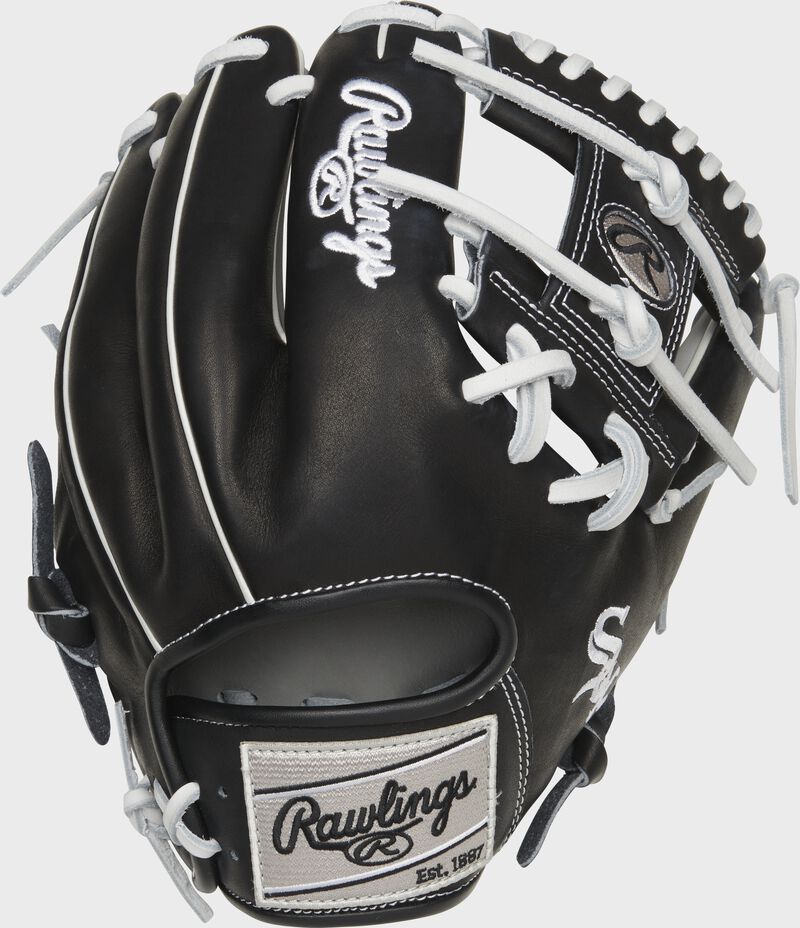 Black back of a Chicago White Sox I-web Heart of the Hide glove with a gray Rawlings patch - SKU: RSGPRO204-2CHW