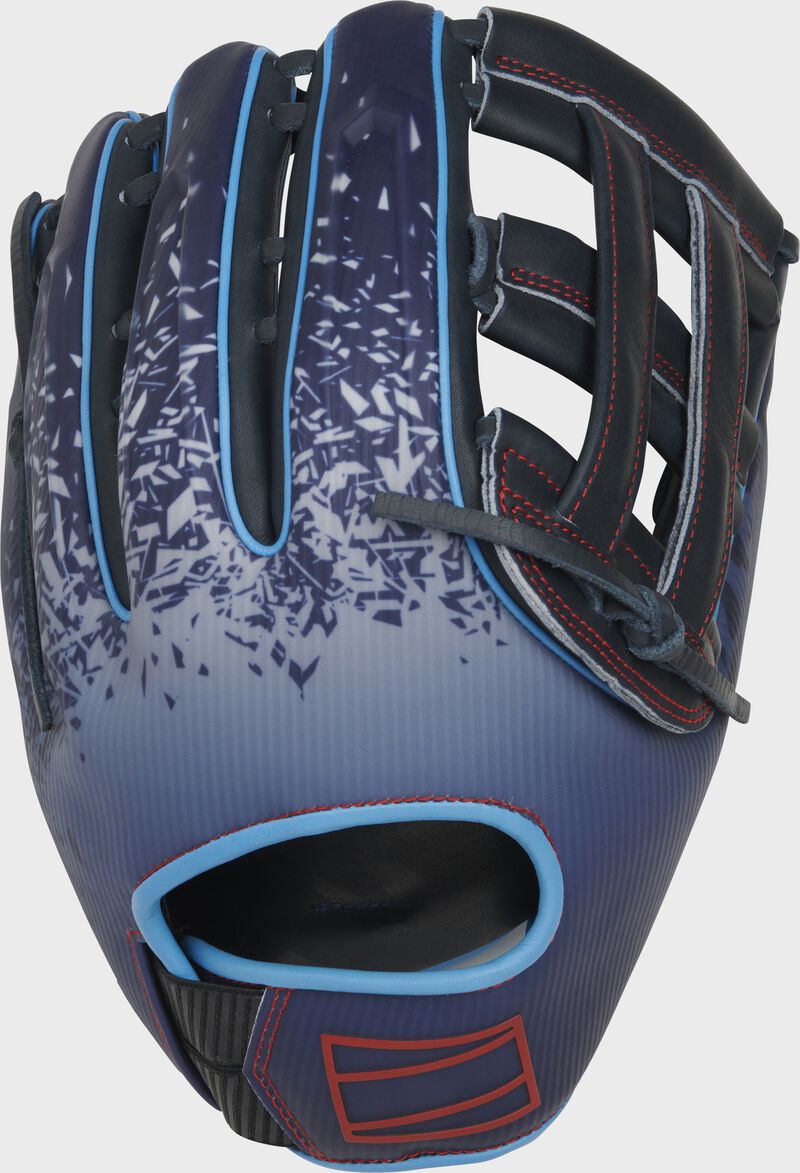 Back of a navy REV1X 12.75" H-web outfield glove - SKU: REV3039-6N