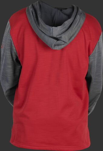 Back of a scarlet youth long sleeve fleece hoodie with a gray hood and sleeves - SKU: YPFH2PRBB-S/GR