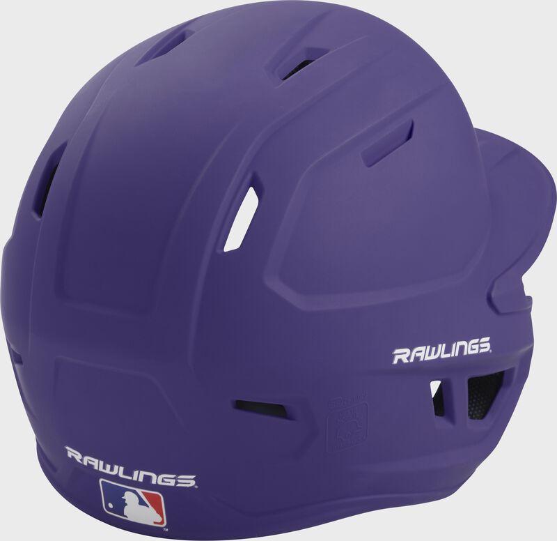 Back right of a one-tone matte purple MACH Rawlings batting helmet