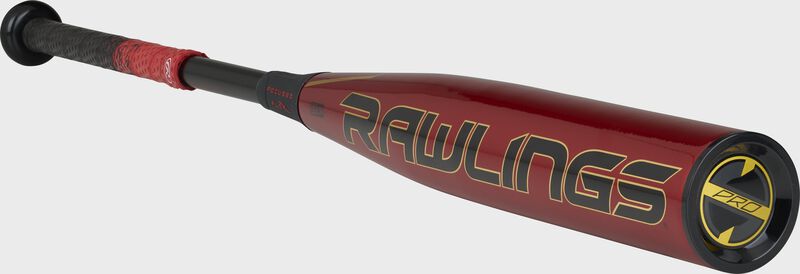 BBZQ3 Rawlings High School/College baseball bat with a red barrel and black/gold accents