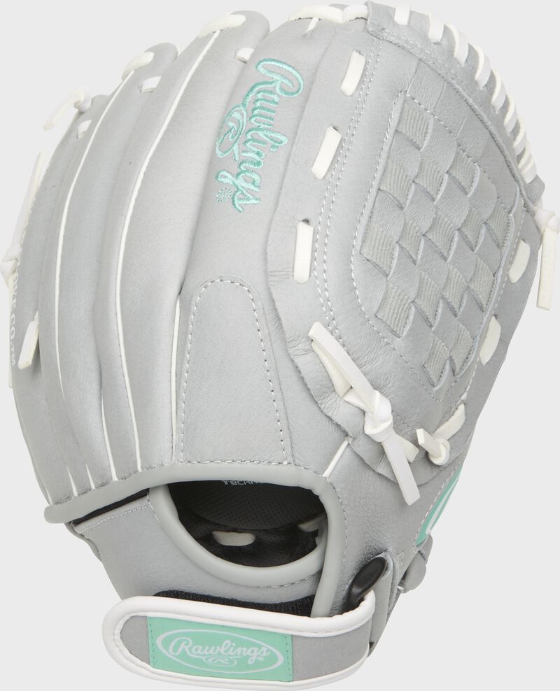 SCSB115M 11.5-inch Sure Catch softball youth glove with a grey back and Velcro wrist strap loading=