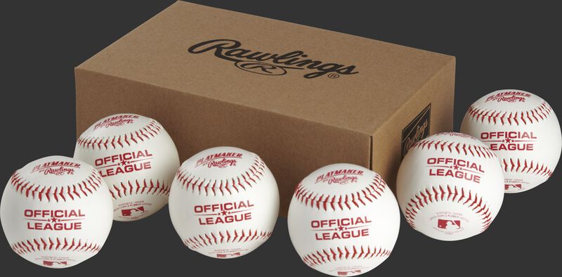6 Rawlings Playmaker baseballs in front of a box - SKU: PMBBPK6