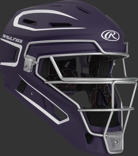 Front right of a purple CHV27J Rawlings Velo 2.0 catcher's helmet