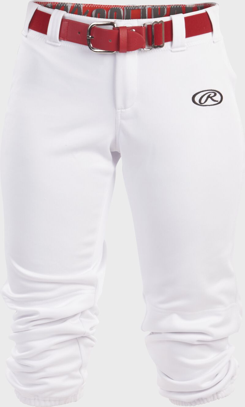 WLNCH white Women's launch softball pants with a scarlet belt