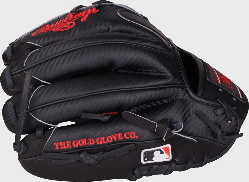 Back of a black Heart of the Hide Hyper Shell infield/pitcher's glove with the MLB logo on the pinky