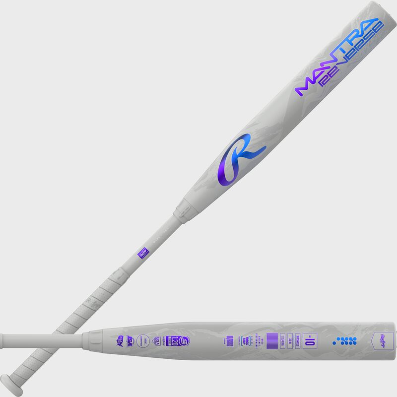 Two images showing both sides of the barrel of a gray Rawlings Mantra Reverse fastpitch softball bat