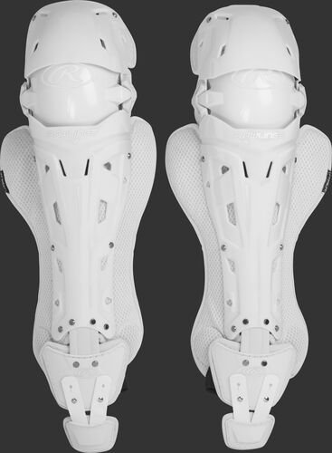 A pair of adult white Rawlings Mach catcher's leg guards with white accents - SKU: MCHLGA-W/W