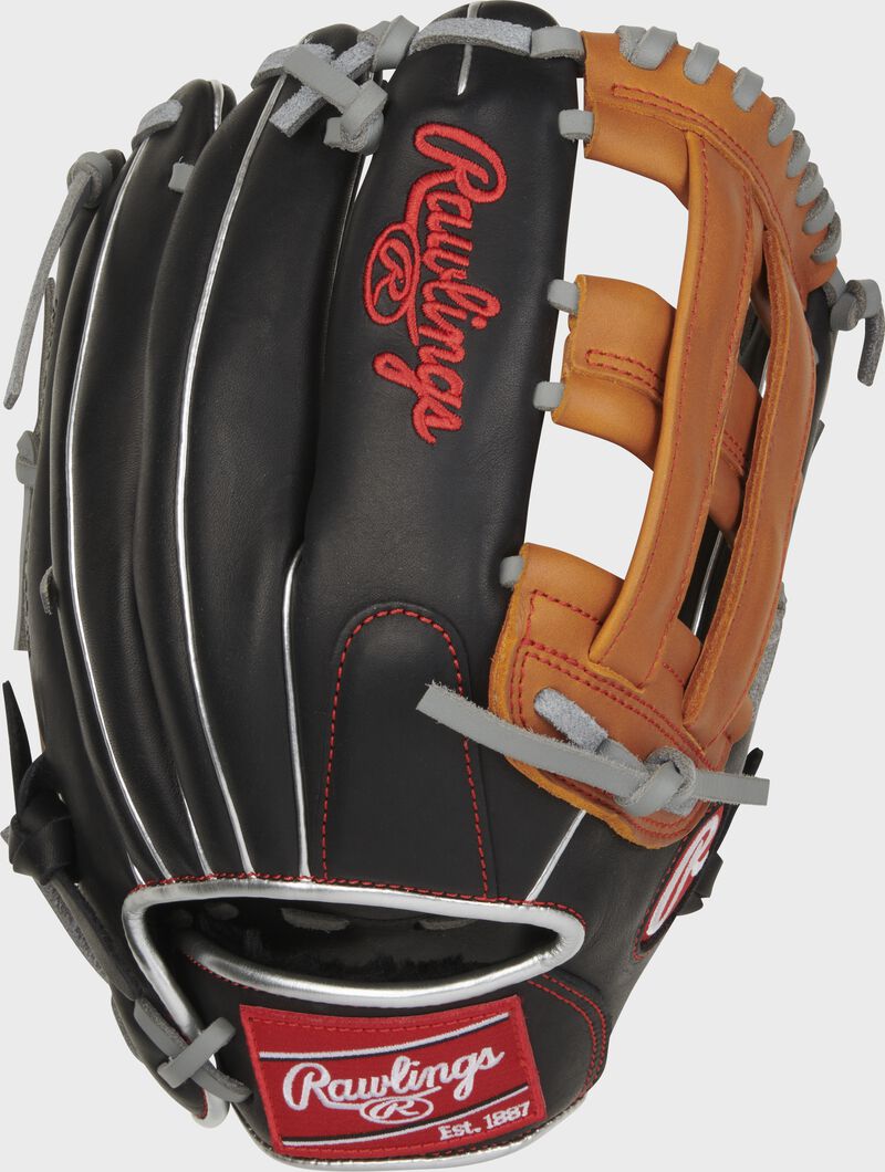 Back of a black/tan R9 ContoUR 12" H-web glove with a red Rawlings patch - SKU: R9120U-6BT