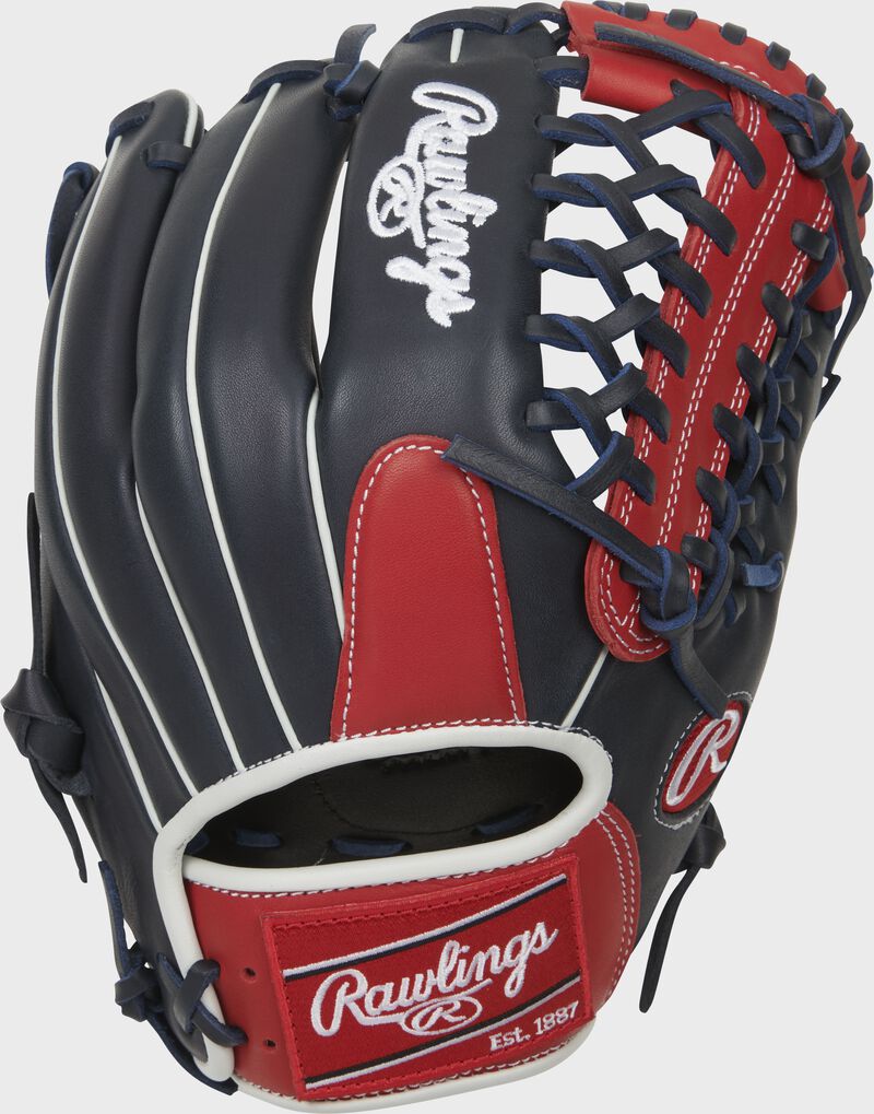 Shell back view of red, white and blue 2022 Breakout 12-inch infield/pitcher's glove image number null