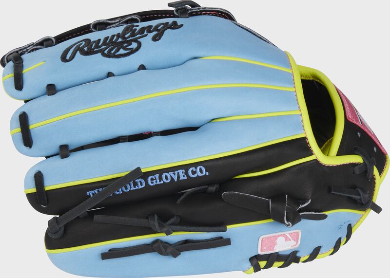 Back of a Columbia blue/black HOH ColorSync 8.0 outfield glove with the MLB logo on the pinky - SKU: PRO3039-6BCB