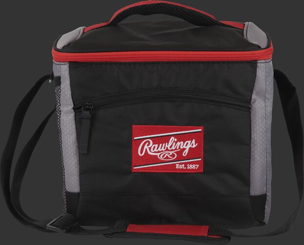 Front of a black Rawlings 24 can soft sided cooler with a red Rawlings patch embroidered on the front - SKU: 10224043511