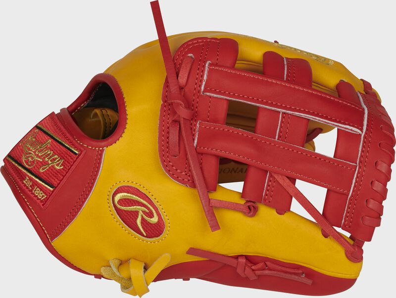 Thumb of a gold tan/scarlet PRO206-6GTS Heart of the Hide 12-Inch infield glove with a scarlet H-web