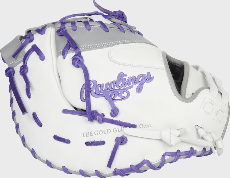 Back of a white/gray/purple Liberty Advanced 1st base mitt - SKU: RLADCTSBWPG