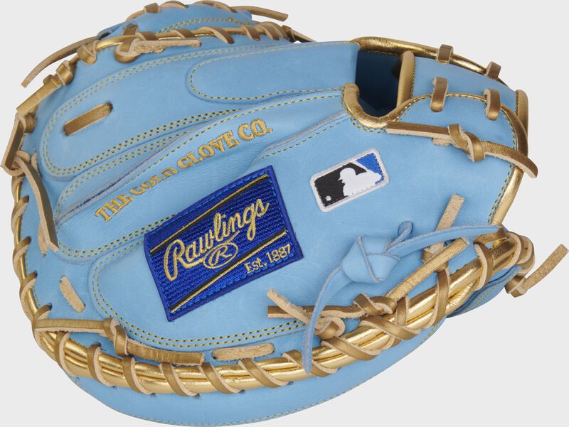 Back of a Columbia blue Heart of the Hide R2G catcher's mitt with a blue Rawlings patch and MLB logo on the pinky - SKU: RSGPRORJP20CB