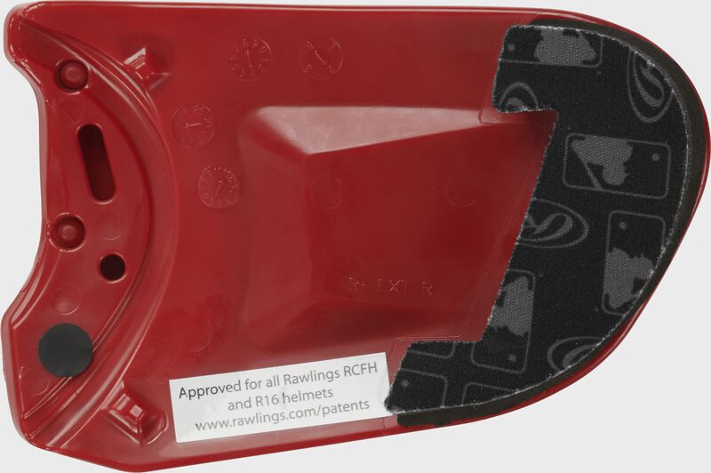 Padding on a scarlet REXT Rawlings R-EXT universal batting helmet face guard extension loading=