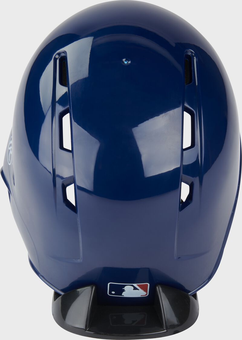 Back of a navy Twins mini replica helmet