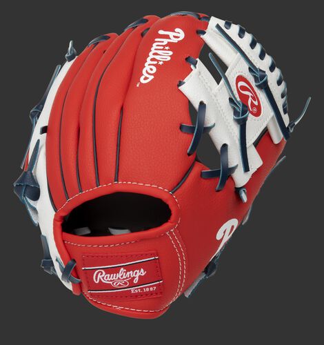 Back of a red/white Philadelphia Phillies 10-inch I-web glove with a red Rawlings patch - SKU: 22000020111