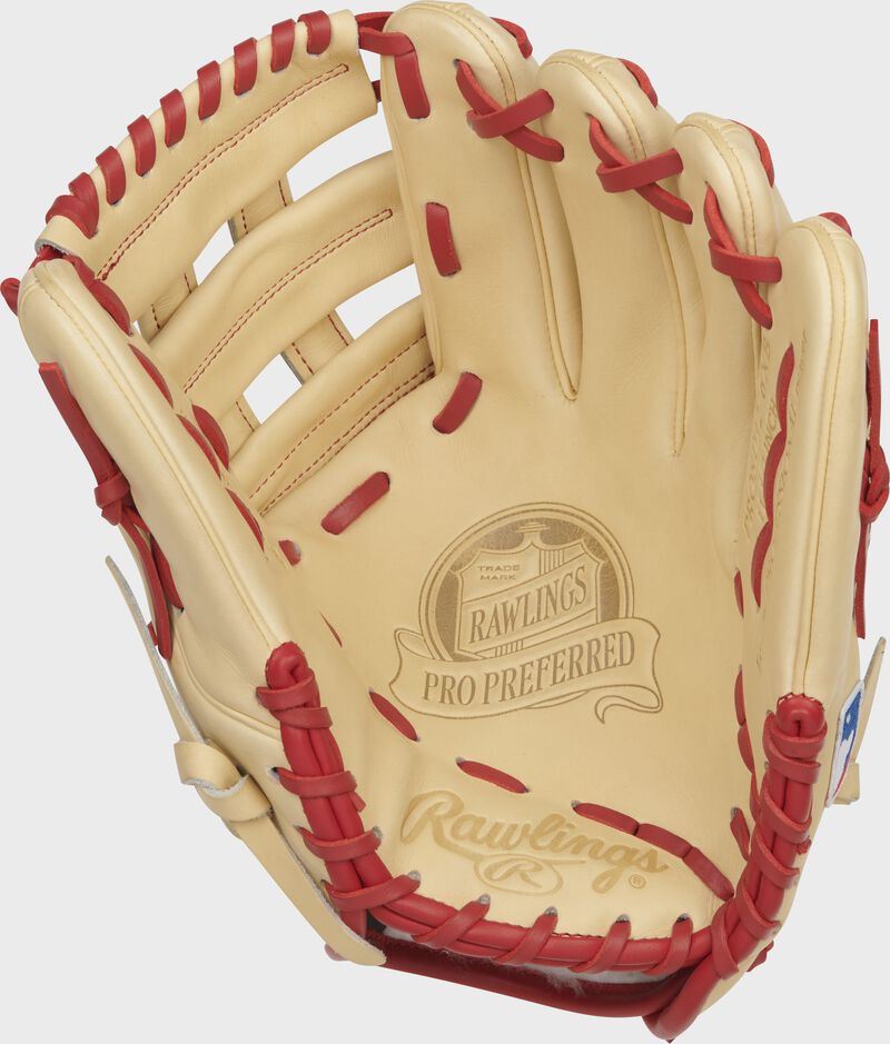 Shell palm view of camel and red 2021 Xander Bogaerts Pro Preferred infield glove