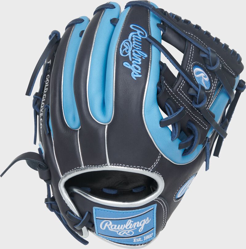 Back of a navy/Columbia blue Rawlings NXT Series 11.25-Inch Infield Glove with a Columbia blue Rawlings patch loading=