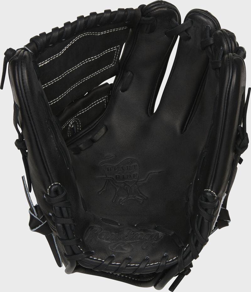 Black palm of a Rawlings Heart of the Hide infield/pitcher's glove with a black web and black laces - SKU: PRO12-9JBPRO