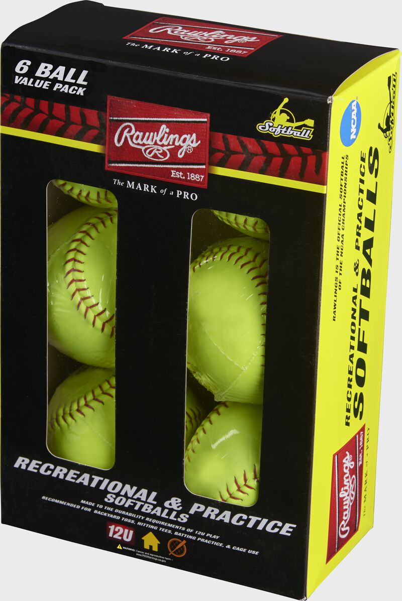 A 6 pack of yellow Rawlings 12-Inch NCAA recreational fastpitch softballs loading=