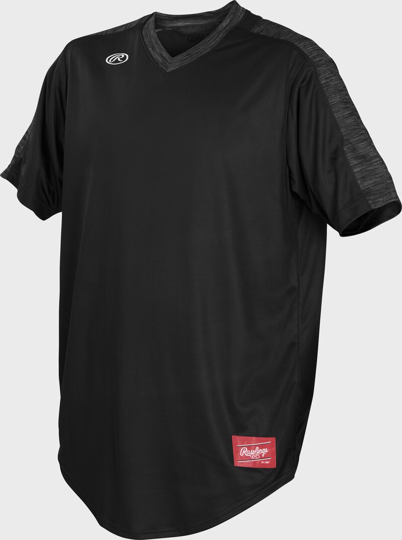 Front of Rawlings Black Adult Short Sleeve Launch Jersey  - SKU #LNCHJ-B