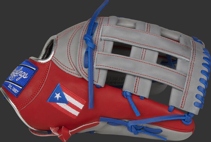 A scarlet/grey PRO3039-6PR HOH Puerto Rico outfield glove with a grey H-web and Puerto Rico flag on the thumb