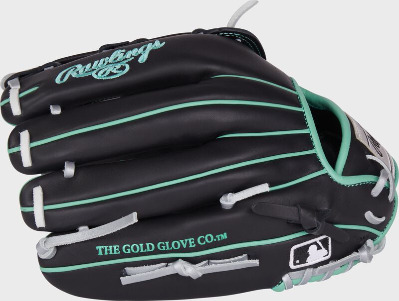 Black back of a Rawlings NXT Series 12.5" glove with the MLB logo on the pinky