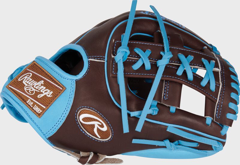Thumb of a chocolate/Columbia blue Heart of the Hide R2G 11.5 IF glove with a split laces single post web glove - SKU: RPROR314-32CH