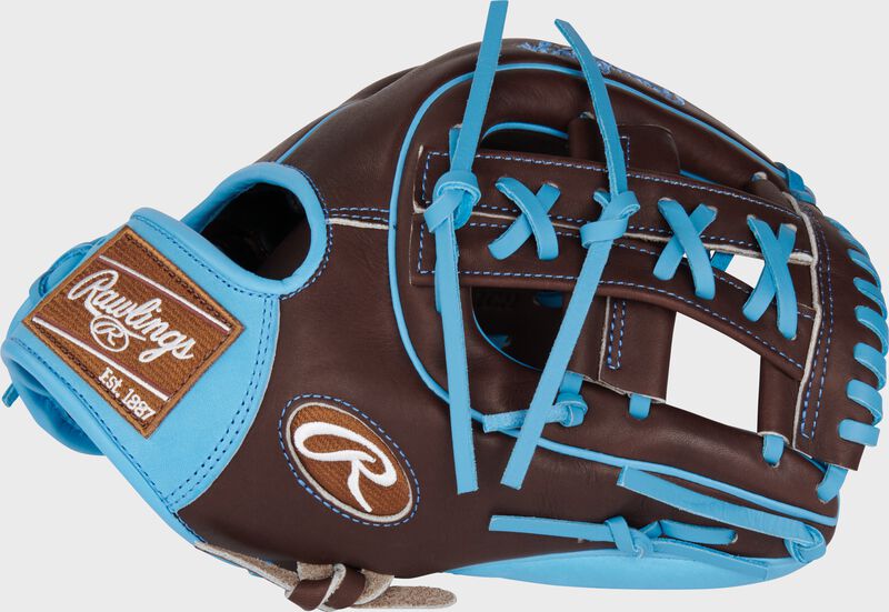 Thumb of a chocolate/Columbia blue Heart of the Hide R2G 11.5 IF glove with a split laces single post web glove - SKU: RPROR314-32CH loading=