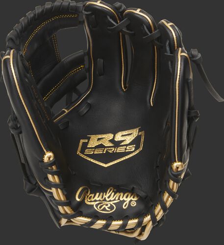 Black palm of a Rawlings R9 infield glove with a gold palm stamp and black laces - SKU: R9204-2BG
