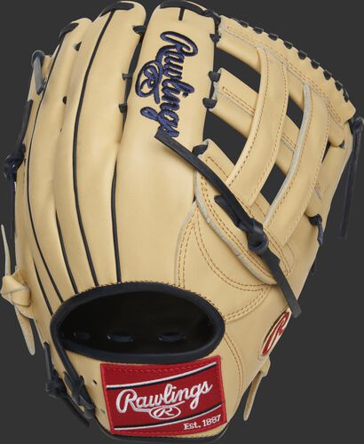 Back of a camel Christian Yelich HOH H-web outfield glove with a red Rawlings patch - SKU: RSGPRO3039-CY22