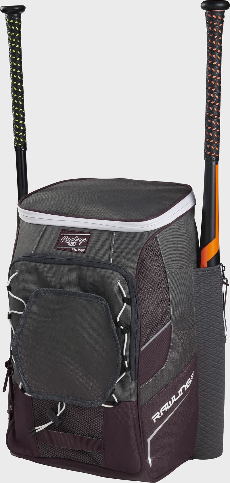 Front right angle view of a maroon Impulse backpack with two bats in the side sleeves - SKU: IMPLSE-MA