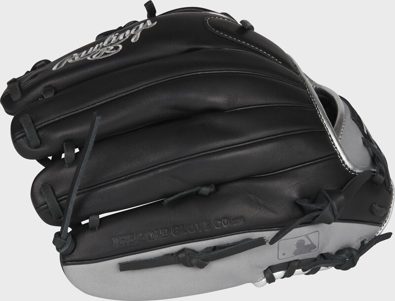 Black back of a 12.25-Inch Encore outfield glove with the MLB logo on the pinky - SKU: EC1225-6B