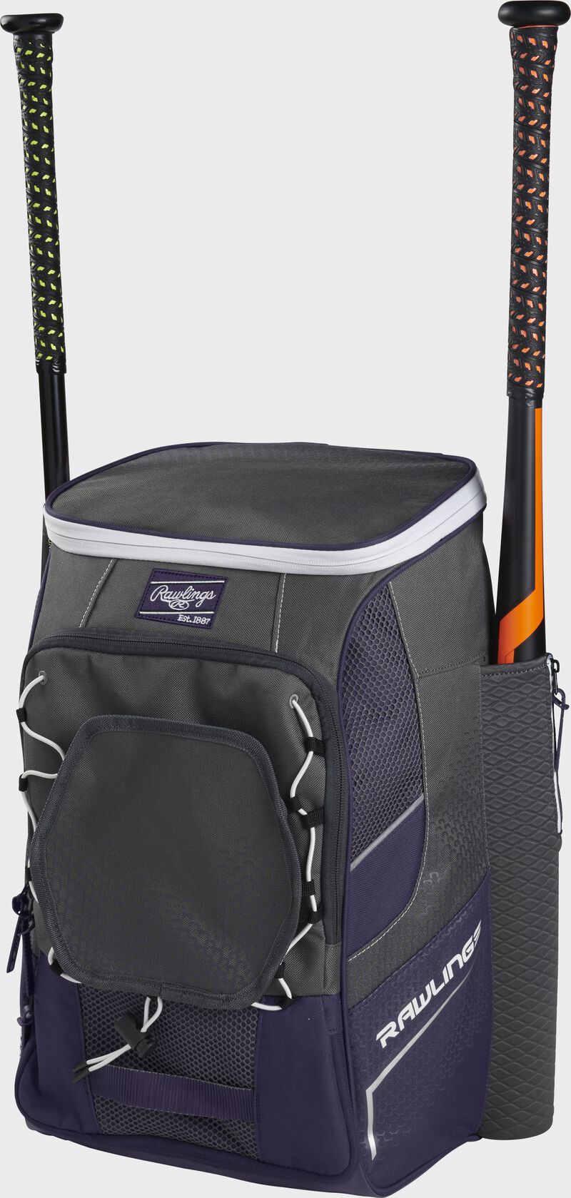 Front right angle view of a purple Impulse backpack with two bats in the side sleeves - SKU: IMPLSE-PU