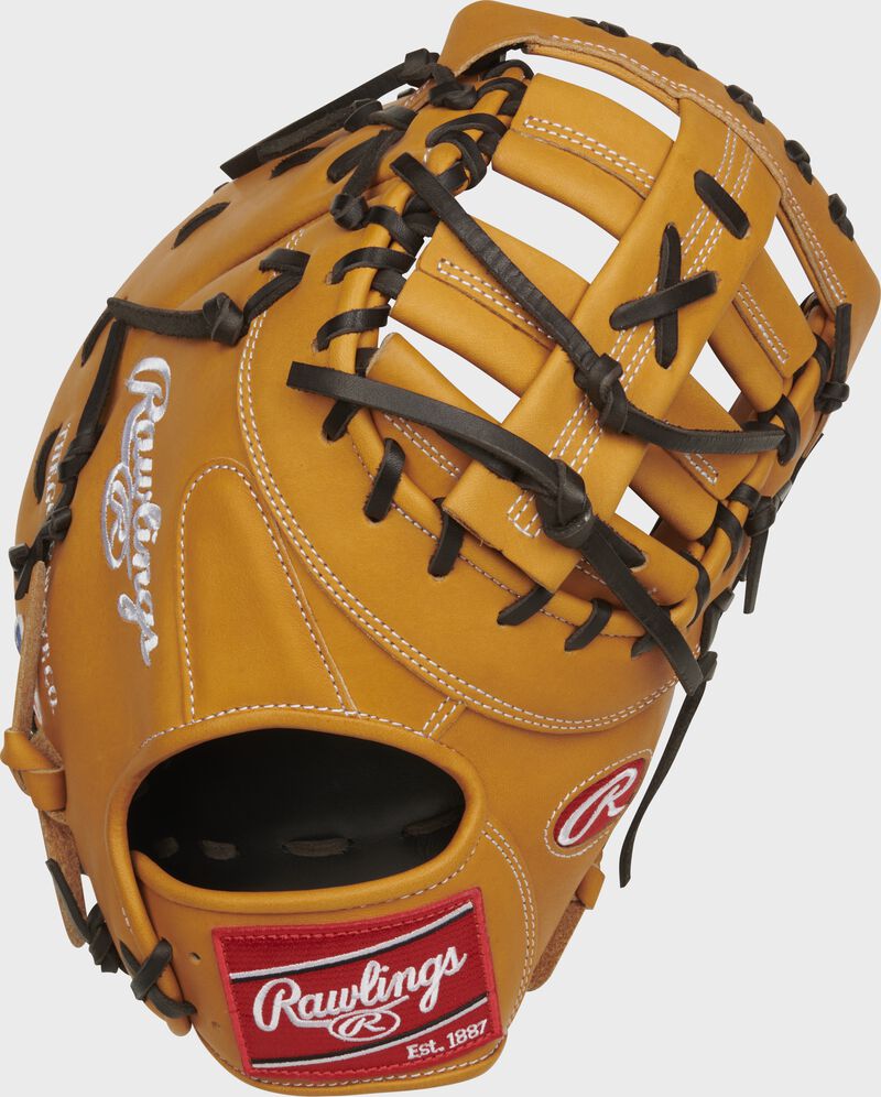 Tan back of a 13" Heart of the Hide first base mitt with a red Rawlings patch - SKU: PROTDCTT