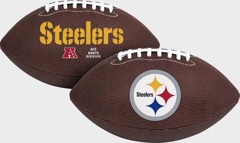 A Pittsburgh Steelers NFL Air-It-Out youth size football with embossed team logos - SKU: 08041082121
