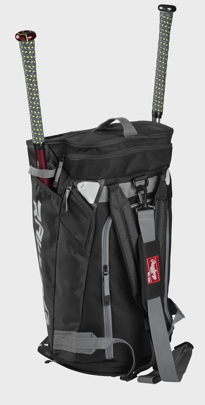 Angled view of upright Hybrid Backpack/Duffel Players Bag with baseball bats - SKU: R601
