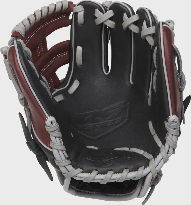 R9TR Rawlings R9 training glove with a black palm and grey laces