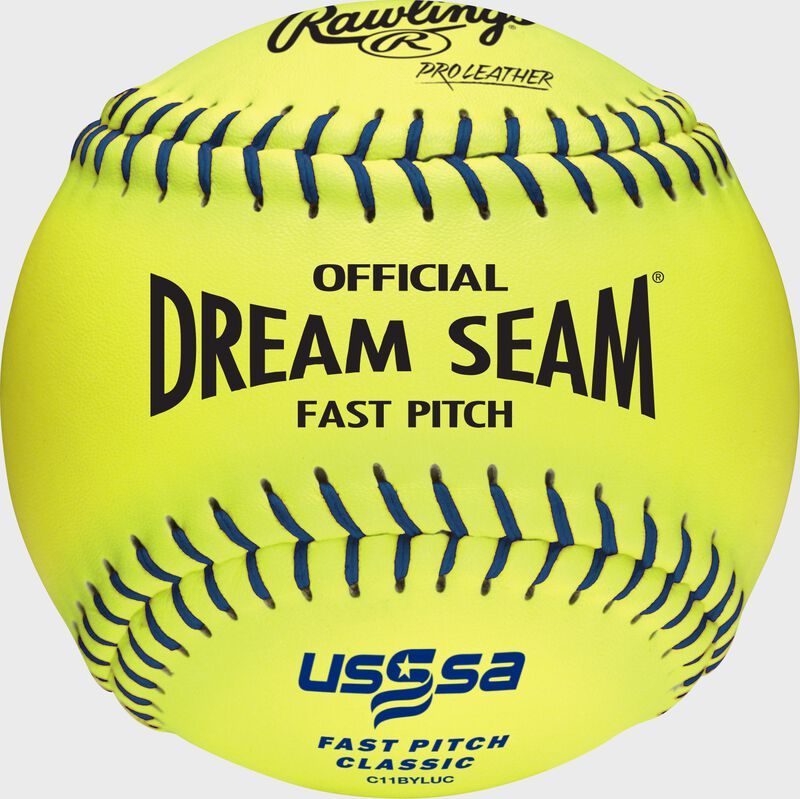 A yellow C11BYLUC USSSA official 11-inch softball with blue stitching